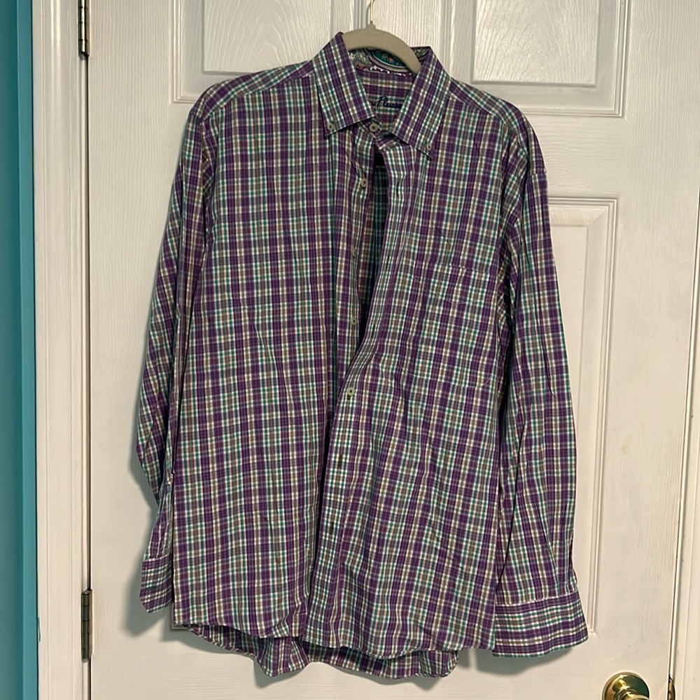 Alan Flusser purple and green plaid button down